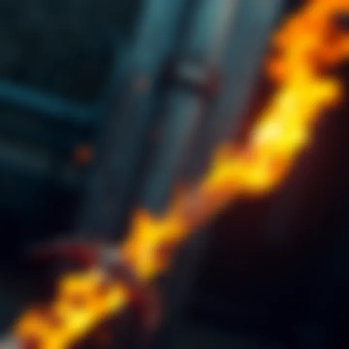 A close-up of a sword engulfed in flames, showcasing the fire effect for increased damage, reminiscent of Bloodborne's fire paper.