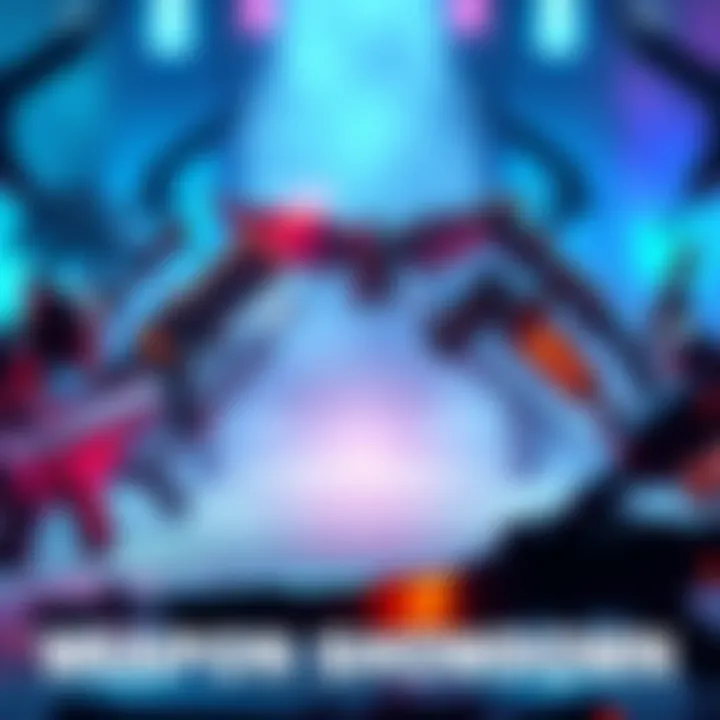 Weapon Showdown A battle scene featuring various gaming weapons arranged for a competition, showcasing their power and design.