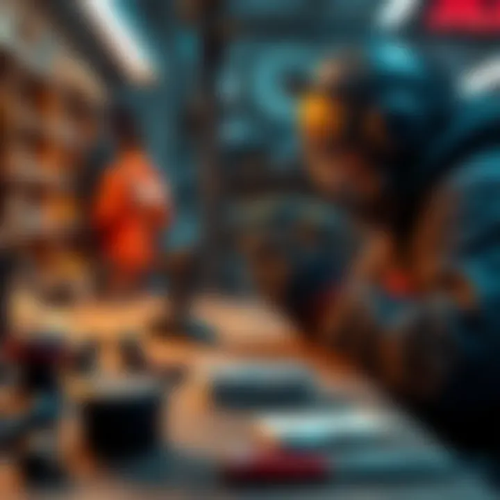 A close-up of a character upgrading a weapon at a workbench, with tools and enhancement materials scattered around.