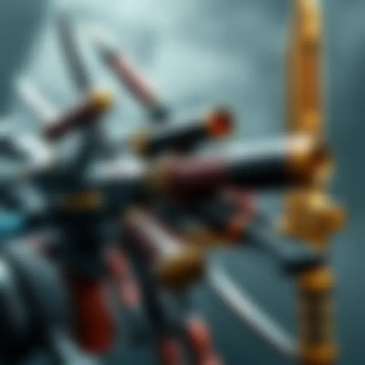 A close-up view of different weapon parts combined during a battle, showing various handles and blades, with a focus on attack dynamics and configurations.