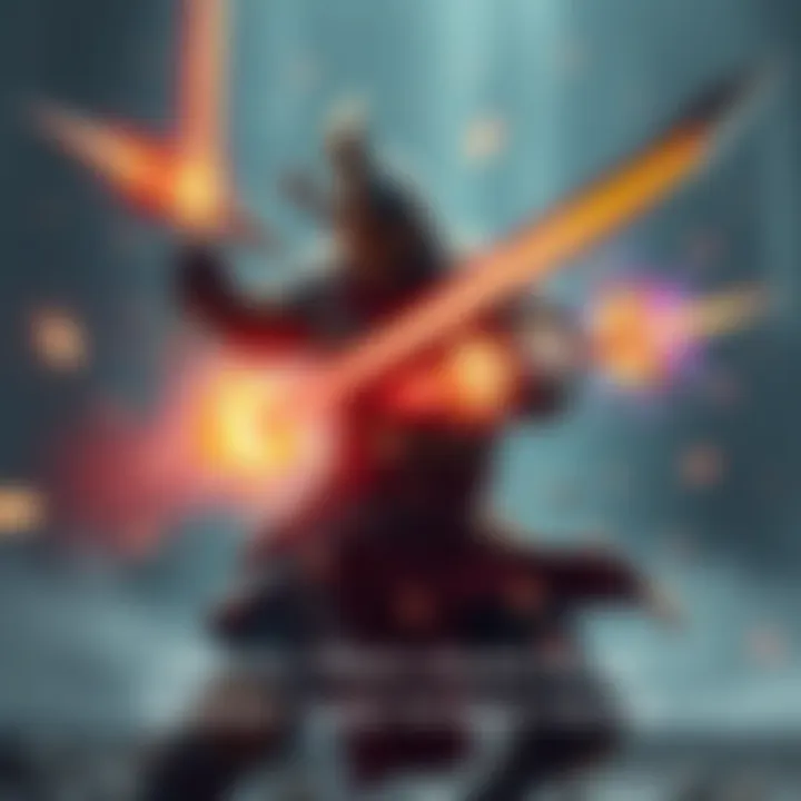 Weapon attacks enhancing alchemy gauge A warrior using different weapons to increase their alchemy gauge. The scene shows vibrant effects as attacks hit targets, illustrating the process of boosting the gauge.