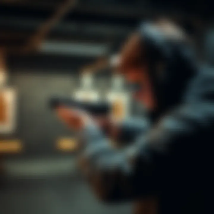 A person practicing firearm handling at a shooting range, focusing on stance and grip.