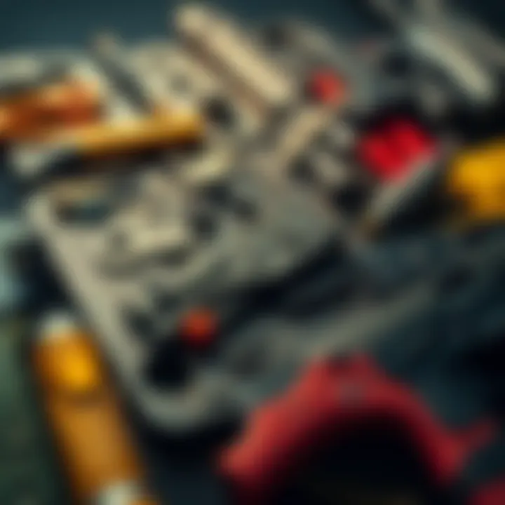 A display of various tools and parts used for weapon modifications, showcasing upgrades and accessories available for firearms.