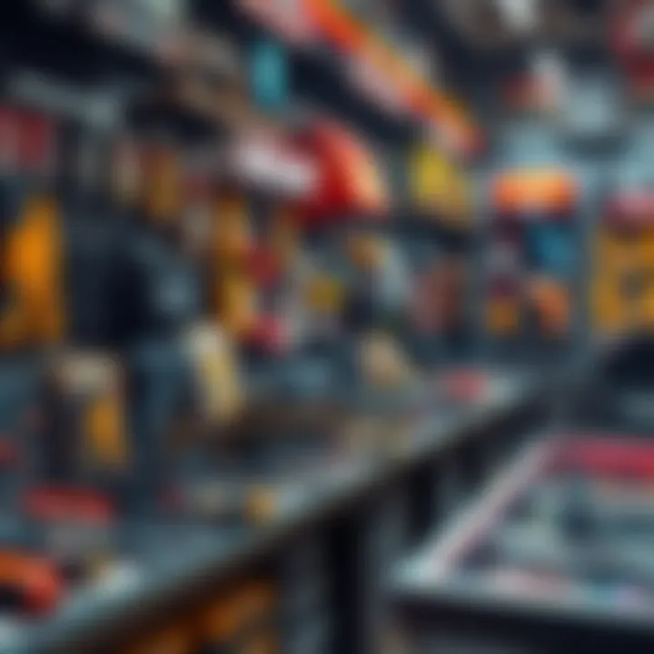 A vibrant shop display featuring various weapon mods and cyberware upgrades, showcasing an impressive selection including a detailed replica of Johnny's gun.