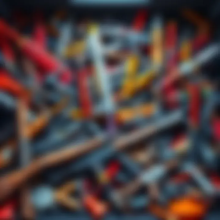 A colorful display of various named and exotic weapons piled in a player's stash, showcasing the madness of gear hoarding.