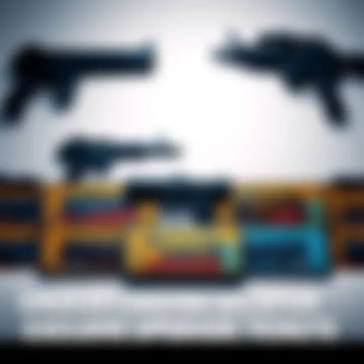 A collection of weapon exclusive upgrade tickets showcasing different designs and colors, emphasizing their unique features and functions, set against a neutral background.