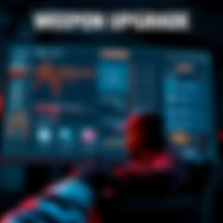 A gamer customizing weapons on a digital screen, showcasing different upgrade options and weapon styles.