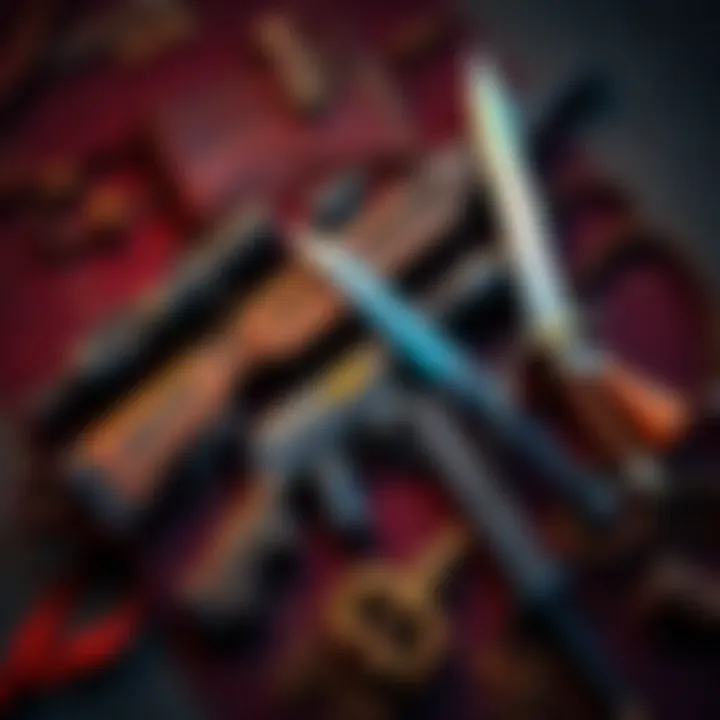 A selection of powerful weapons like rifles and swords designed for hunting acolytes, laid out on a battlefield background.