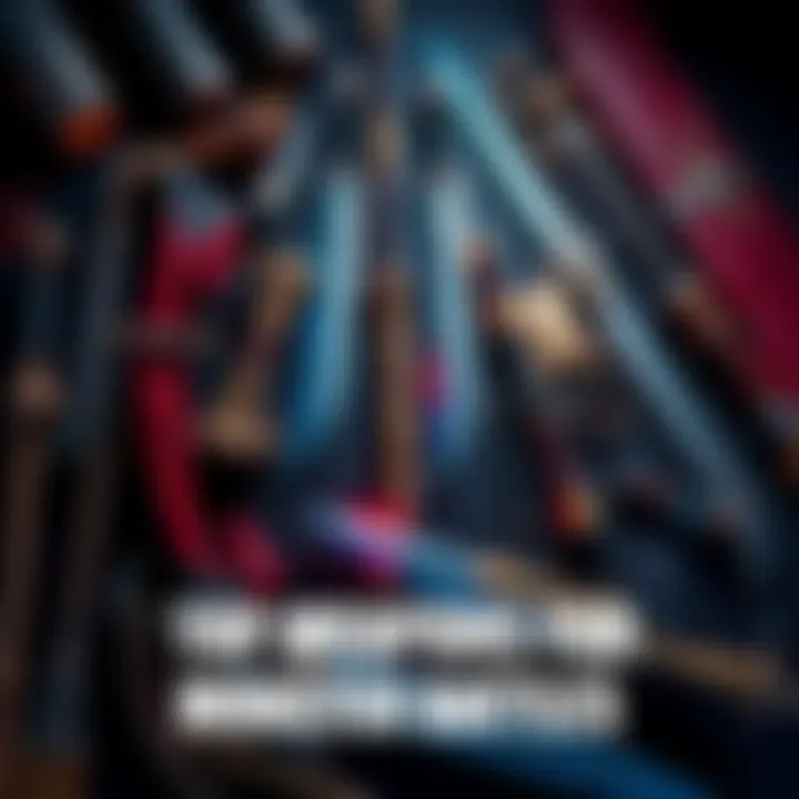 A collection of various weapons laid out, showcasing swords, bows, and magical staffs used for fighting tough monsters in gameplay.