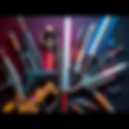 An assortment of weapons from various video games including guns, swords, and magic staffs