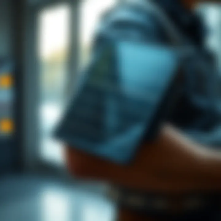 A close-up of a person wearing a solar panel attached to their arm, showcasing modern technology and innovation.