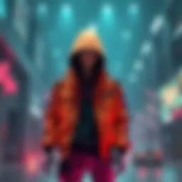 A character in a vibrant, stylish jacket inspired by sneaker designs, set in a gaming environment.