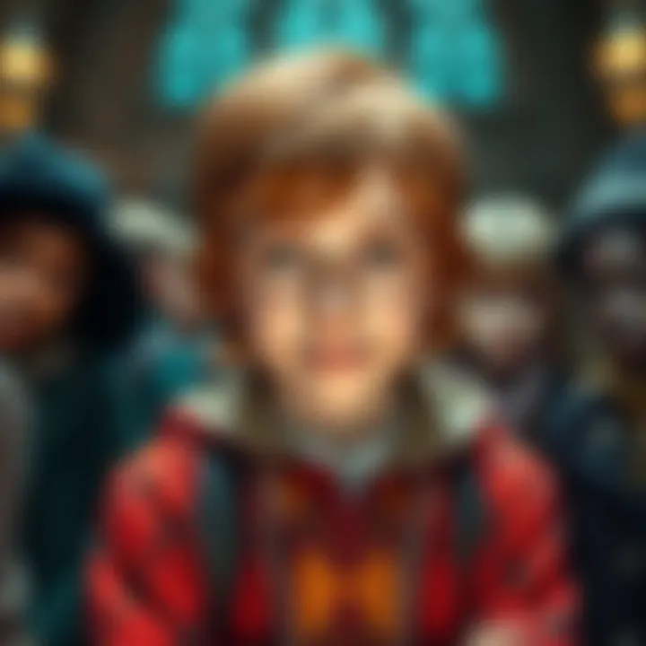 A person with a sly grin, standing in front of a group with their eyes darting, suggesting deceit and mischief.
