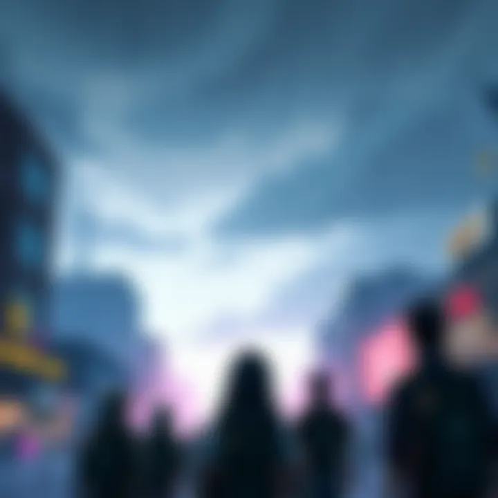 Illustration depicting a rainy cityscape with game characters looking up at dark clouds, symbolizing anticipation for future updates.