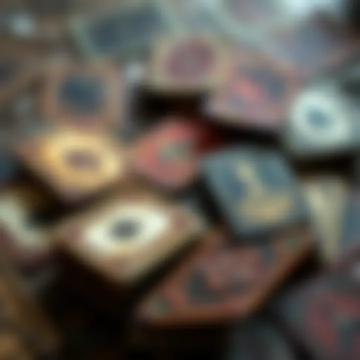 An assortment of weathered playing cards arranged on a wooden table, showcasing aged textures and unique designs for DnD.