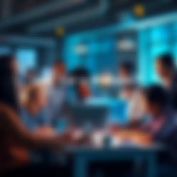 Website Connecting People for Change A group of diverse people gathered around a computer, discussing ways to make a positive impact on global issues through online platforms.