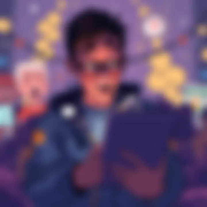 A person immersed in a webtoon on a tablet, surrounded by colorful artwork and excited expressions