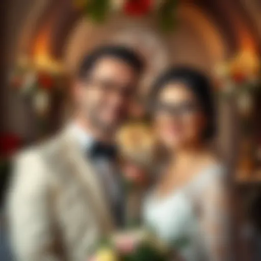 Bride and groom smiling at their wedding, both not wearing glasses, surrounded by flowers and decorations
