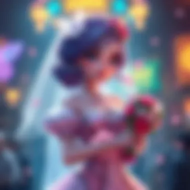 A vibrant character named Sugar in a wedding-themed outfit, showcasing her design and appeal for gamers, amidst a lively discussion