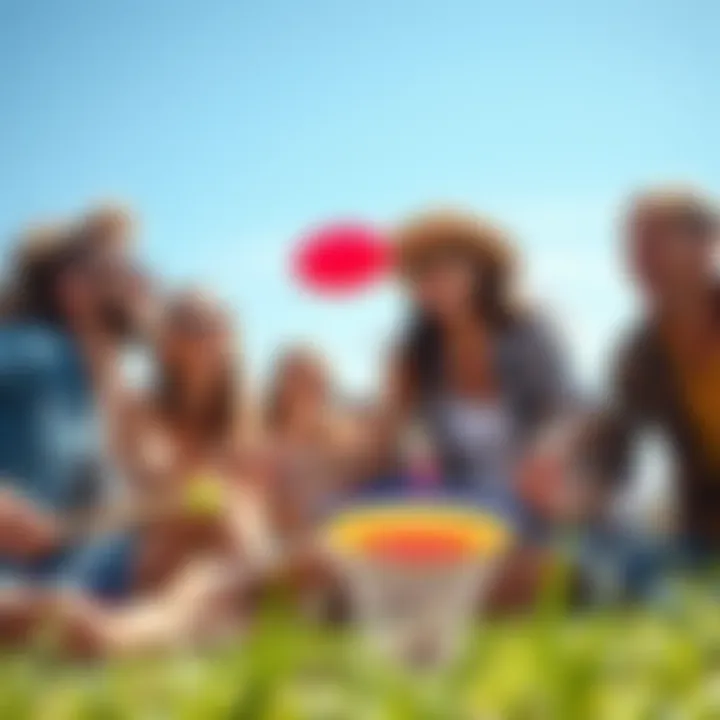 Weekend Fun Ideas A group of friends enjoying outdoor activities together, like playing frisbee and having a picnic, under a bright blue sky.