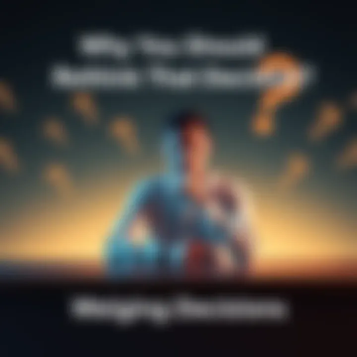 A person sitting at a table with a thoughtful expression, surrounded by question marks, representing the concept of reconsidering decisions.