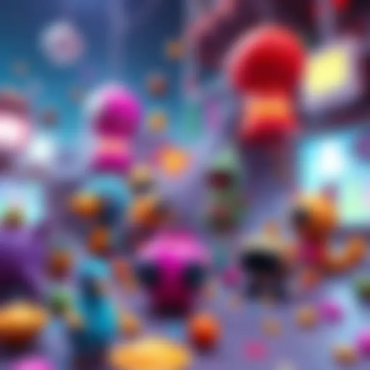 A colorful game world with quirky characters and unusual objects scattered around. Players engage with the unique mechanics, showcasing their fun and excitement.