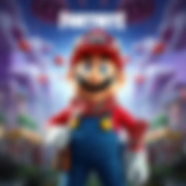 A creative depiction of a quirky Mario character wearing Fortnite-style clothing and accessories, set against a vibrant game background.