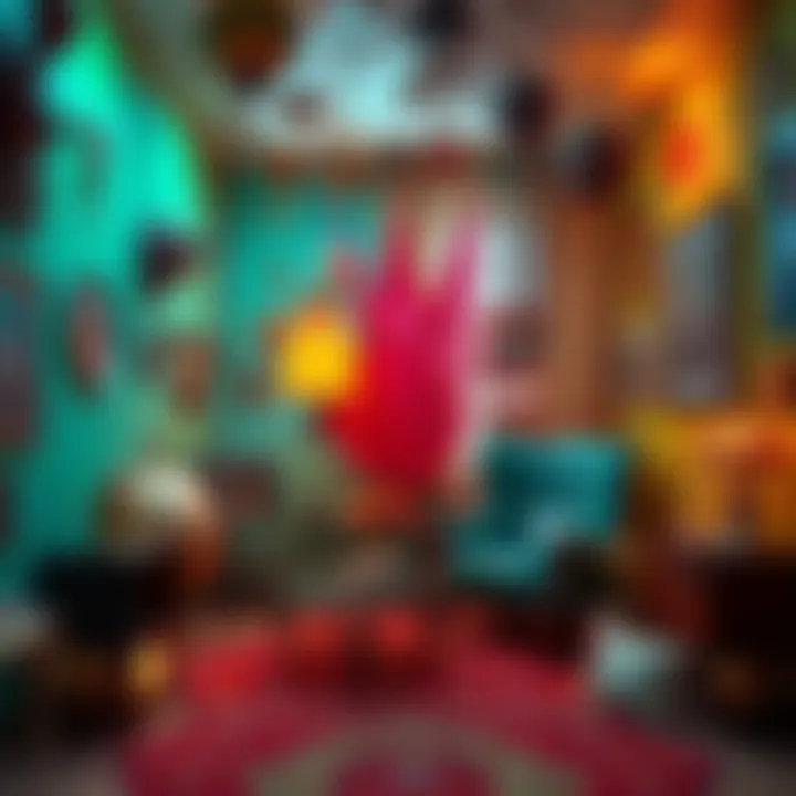 A room filled with unusual decorations and odd furniture, showcasing a mix of vibrant colors and bizarre designs.