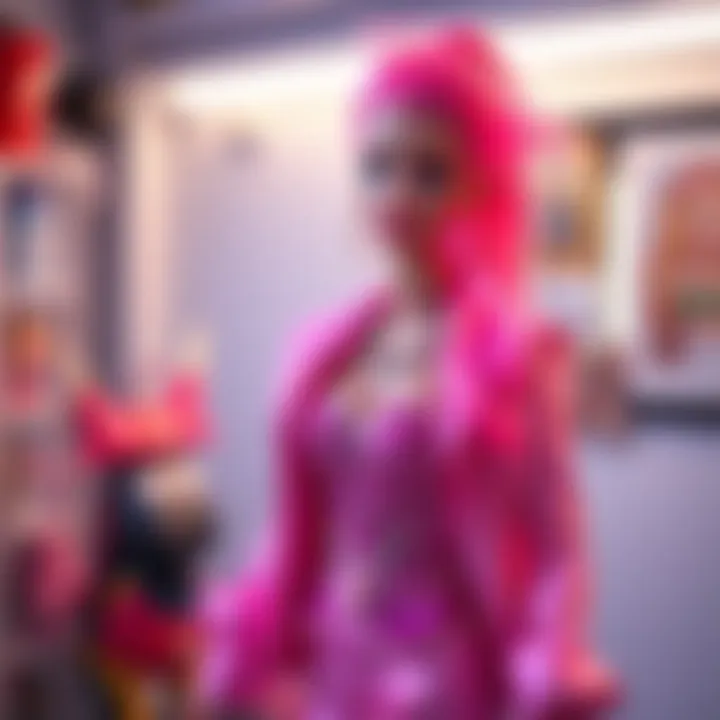 A person dressed as Weird Barbie showcasing colorful pink outfits and playful accessories, reflecting creativity and fun in the design process.