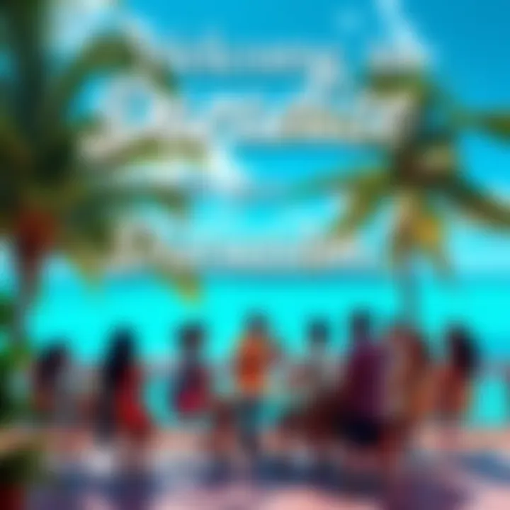 Group of people engaging in a lively discussion with a tropical background