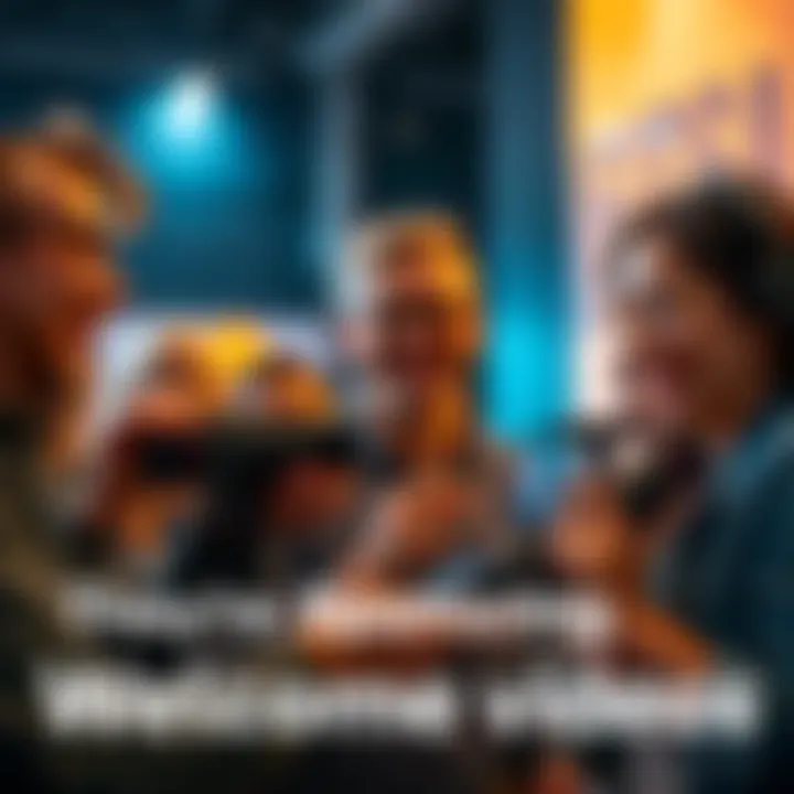 A cheerful group of people creating welcome videos together with cameras and microphones