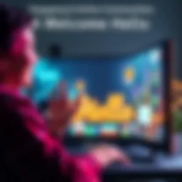 Welcoming Hello in Online Community A person smiling and waving at a computer screen, representing a friendly introduction in an online community.