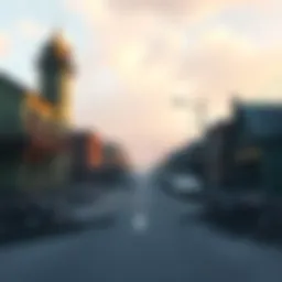A screenshot showing the abandoned town of Wellington with empty streets and damaged buildings in a video game setting.