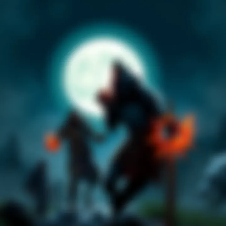 A scene showing two characters transforming into werewolves under a bright full moon, with their party watching in suspense.