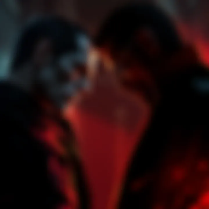 A dark and intense depiction of Wesker menacingly observing Gideon from the shadows, hinting at a mind game between them.