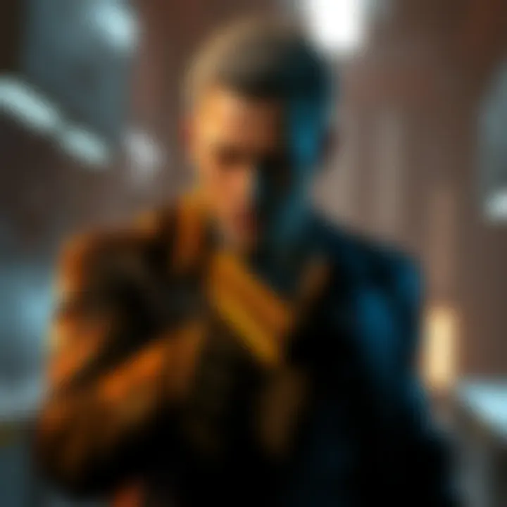 Wesker character in a game, poised and confident, about to deliver his famous '7 minutes' line, with dramatic lighting and a tense atmosphere.