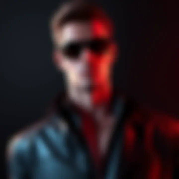 Wesker, a popular video game character, stands confidently with a dark background, showcasing his iconic sunglasses and stylish outfit.