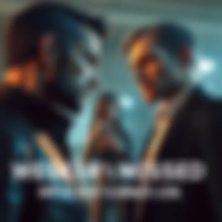 Wesker stands face-to-face with Leon, showing tension in their interaction, while Ada observes in the background, hinting at her influence on the situation.