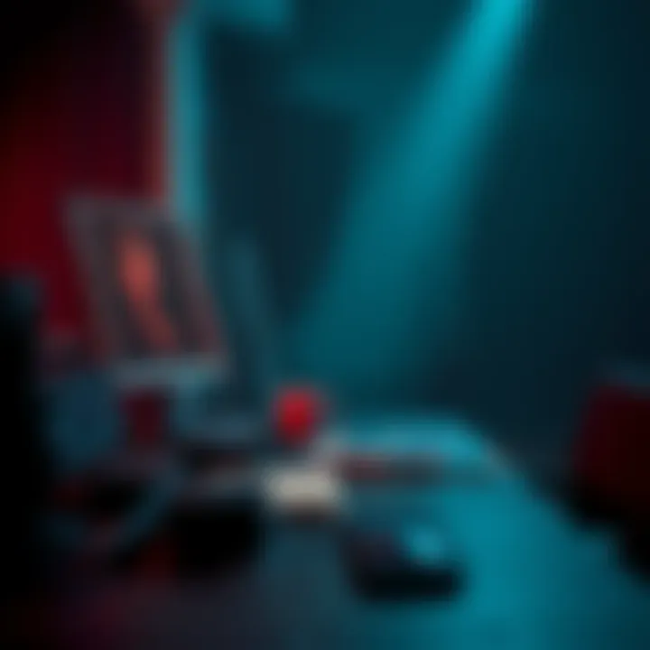 A close-up of a desk in a dimly lit room featuring a framed photo of Rebecca, hinting at a character's obsession, with an ominous vibe.