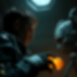 Wesker watches Ada as she approaches the amber, showcasing his strategic distance and contemplation.