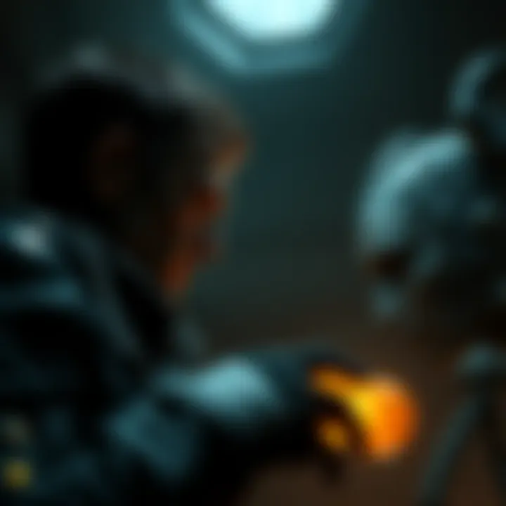 Wesker watches Ada as she approaches the amber, showcasing his strategic distance and contemplation.