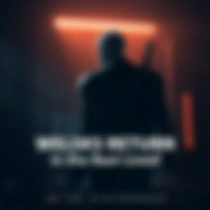 A digital artwork showing a shadowy figure of Wesker, hinting at his return with futuristic elements around him, creating a sense of anticipation, in a dark environment.