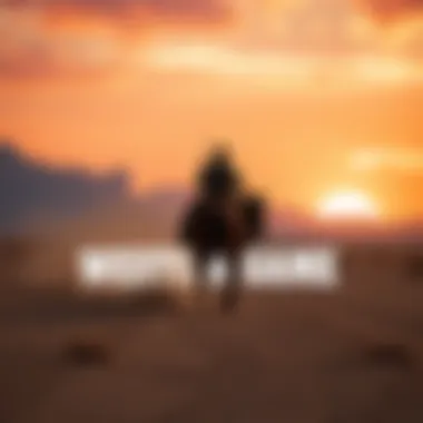 A cowboy on horseback riding through a dusty desert landscape, with mountains in the background and a sunset sky.