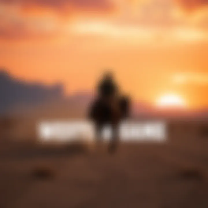 A cowboy on horseback riding through a dusty desert landscape, with mountains in the background and a sunset sky.