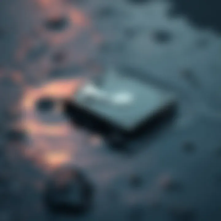 A wet hard drive placed beside a puddle of water, highlighting the effects of flooding on electronics