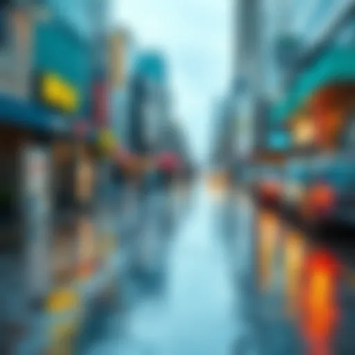 A city street covered in puddles after a rainfall, with people walking cautiously and using umbrellas.