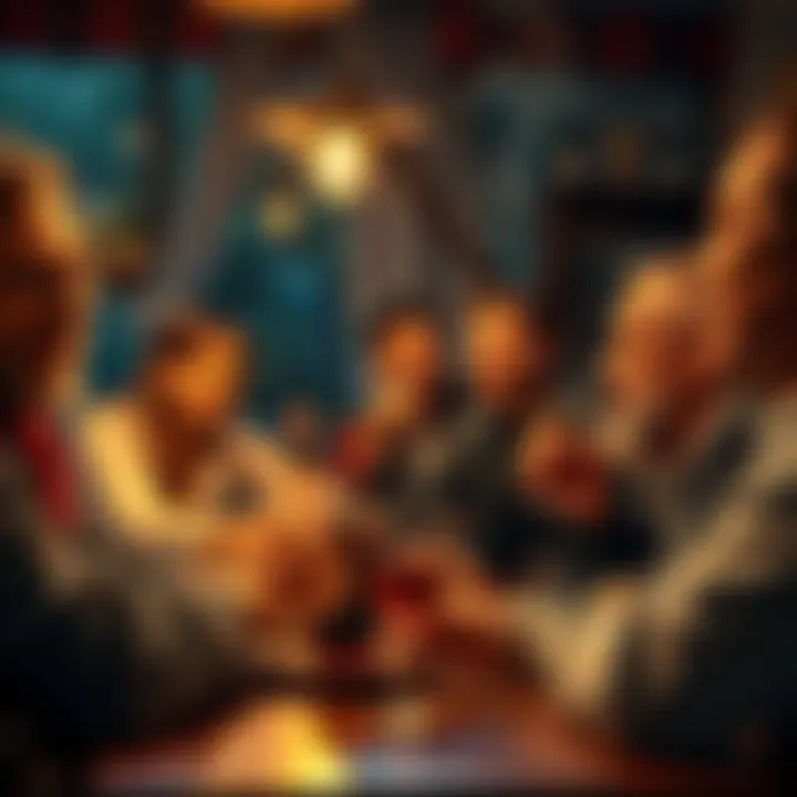 A cozy gathering with people enjoying whiskey and cigars, sharing stories and laughter.