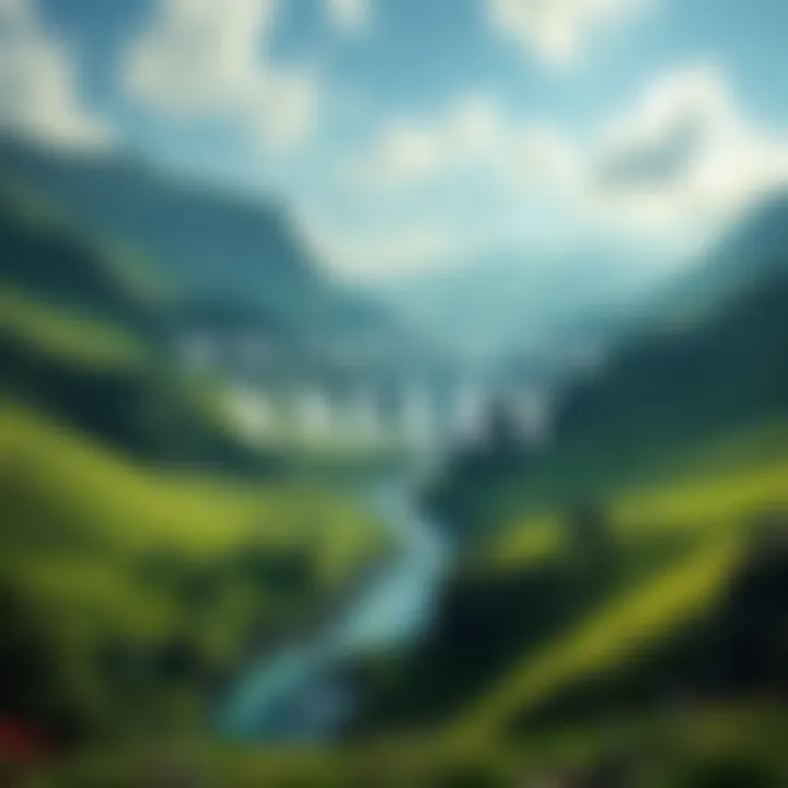 An immersive scene from The Whispering Valley showing a lush green valley with rolling hills and a serene river, inviting players to explore its beauty.