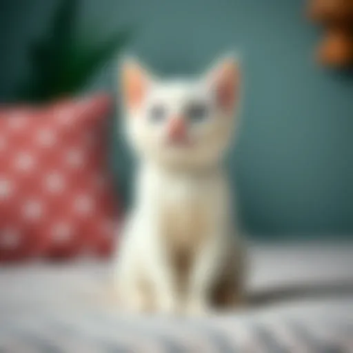 White male cat sitting A playful white male cat sitting on a soft surface, looking curious and ready for fun. Perfect inspiration for creative cat names.