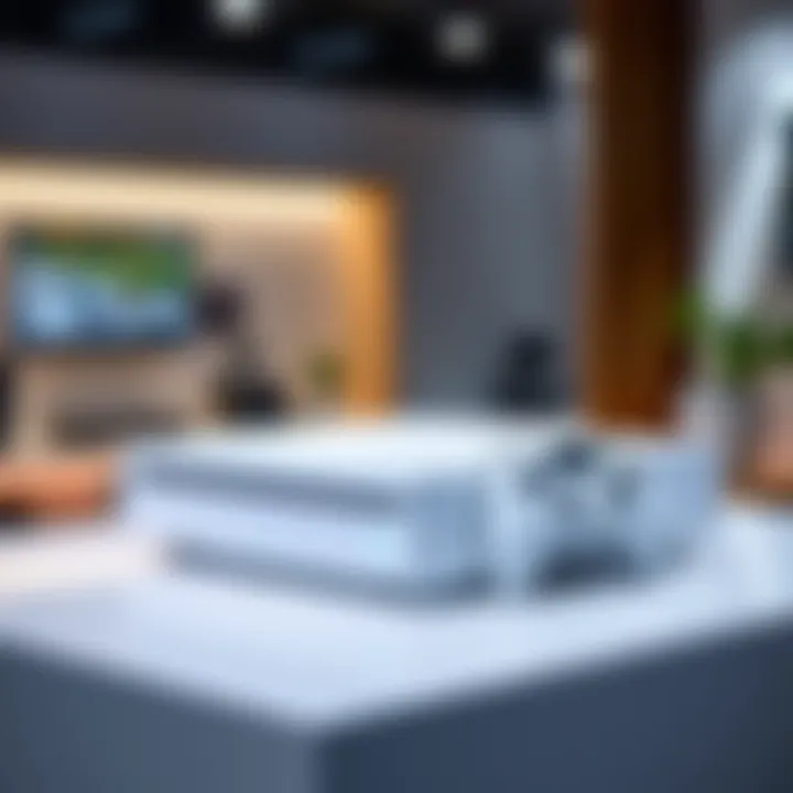 A stylish white edition gaming console showcased on a sleek surface, contrasting with a standard black model.